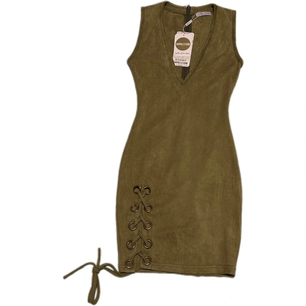 BNWT Oh Polly Thigh And Mighty Plunge Suede Mini Dress in Green - Picture 6 of 7